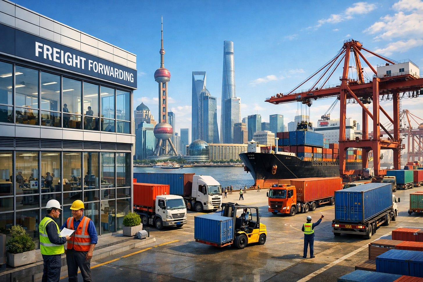 A busy Shanghai port with cargo ships, shipping containers, cranes, trucks, and workers coordinating freight operations near a modern office building and city skyline. A busy Shanghai port with cargo ships, shipping containers, cranes, trucks, and workers coordinating freight operations near a modern office building and city skyline.