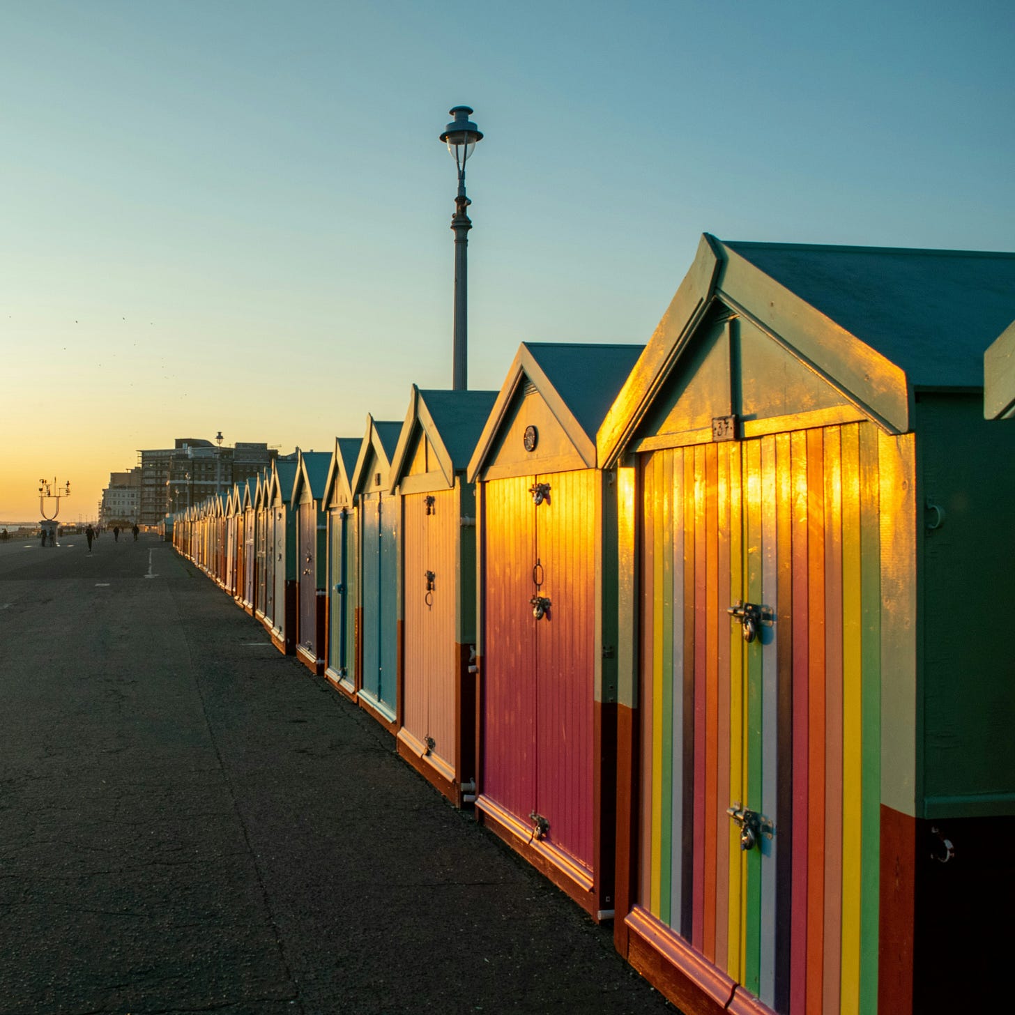 Beach huts in Hove at sunset