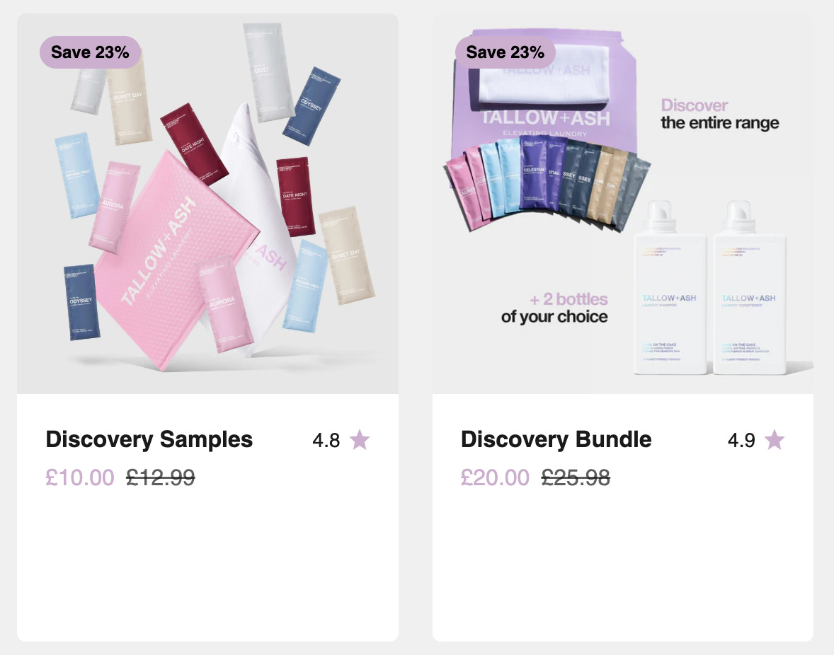 Examples of Tallow & Ash sample offerings on their website