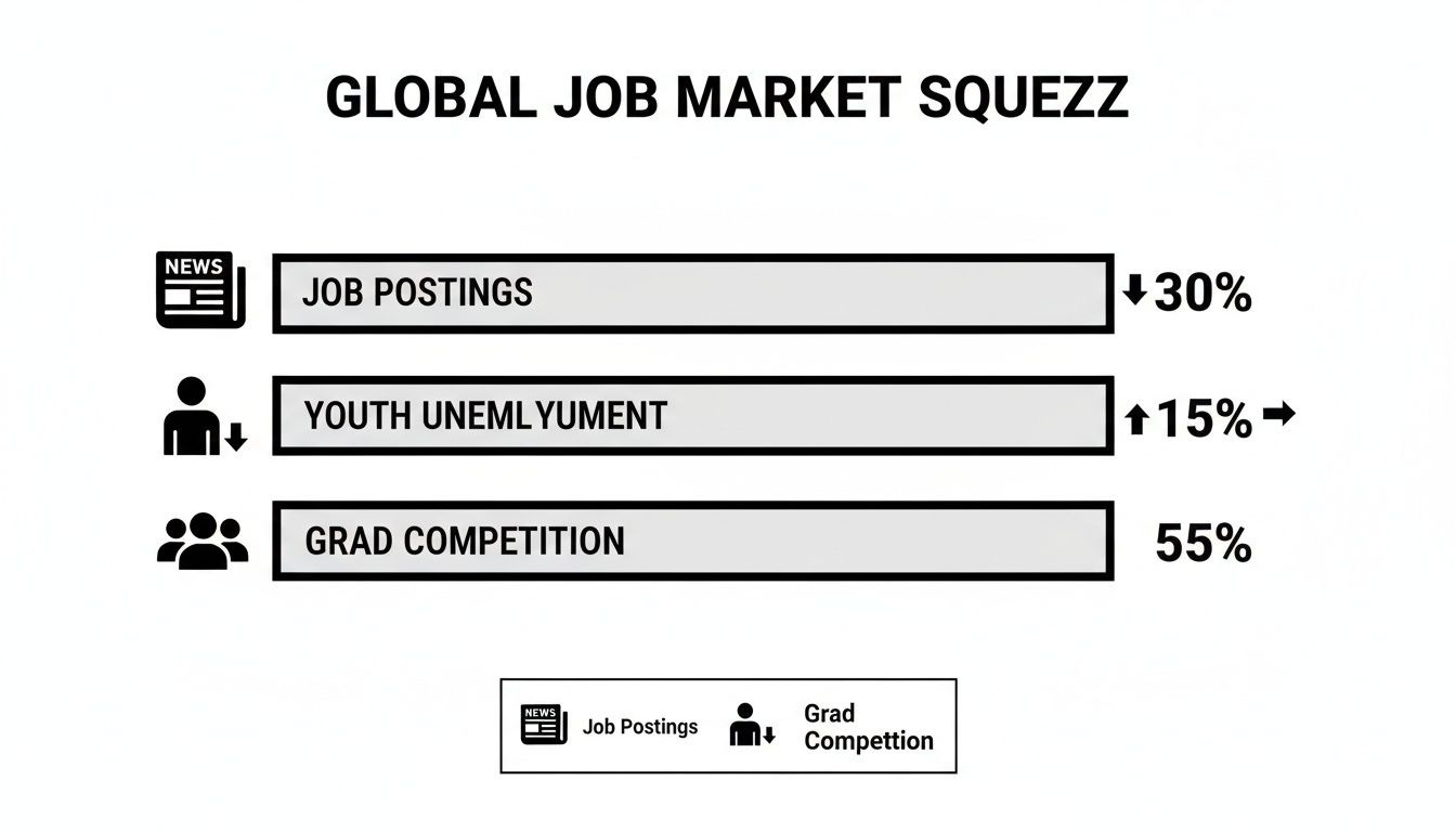 Infographic showing global job market trends: job postings down 30%, youth unemployment up 15%, and 55% grad competition. Infographic showing global job market trends: job postings down 30%, youth unemployment up 15%, and 55% grad competition.