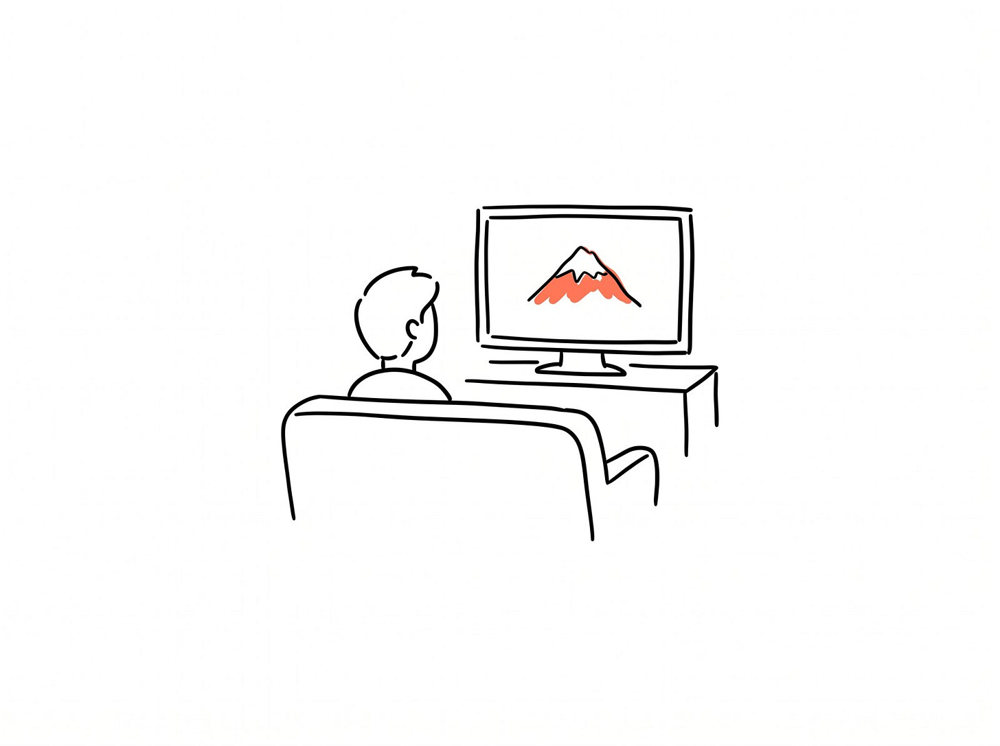 A person on a couch watching a mountain on a screen