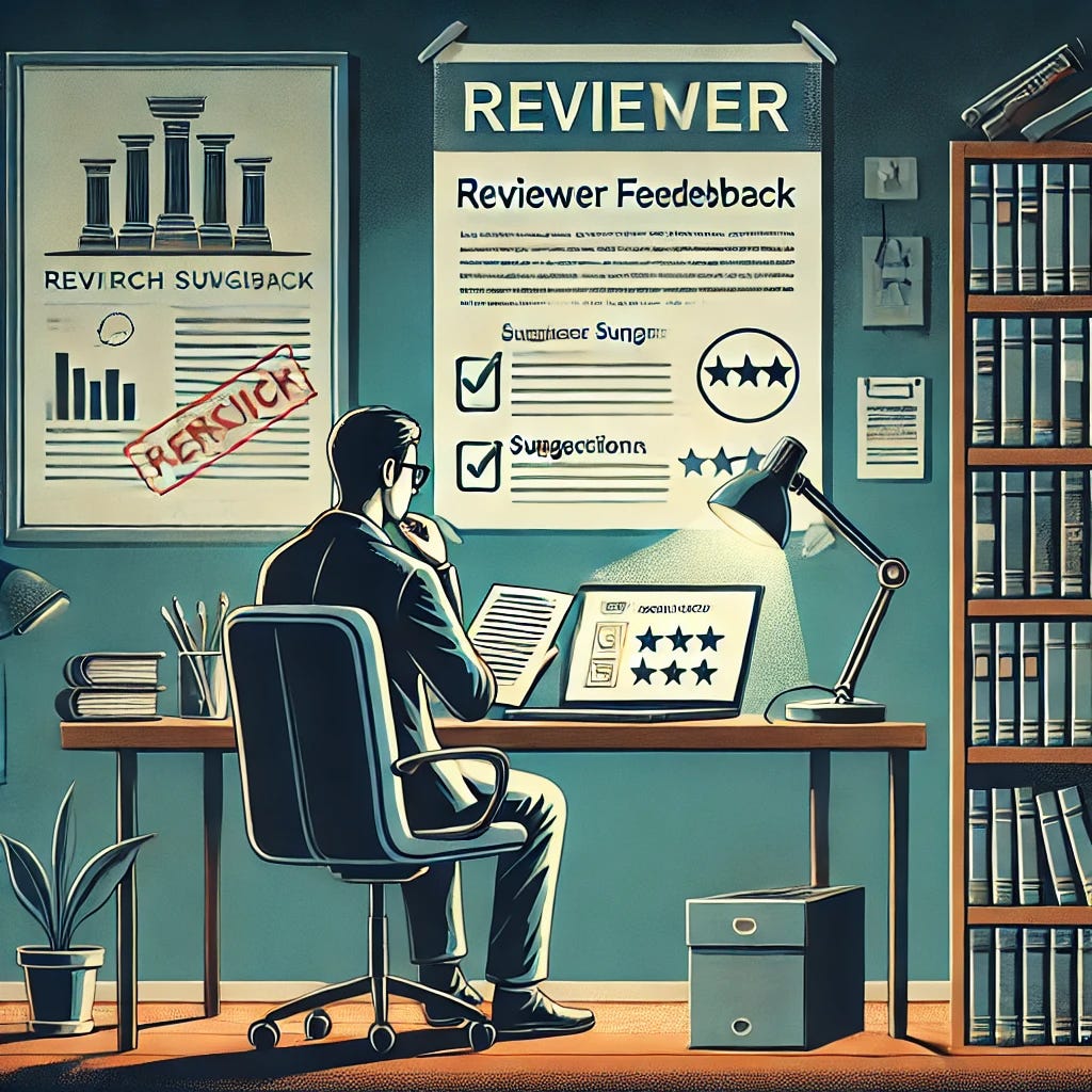An illustration of an academic researcher sitting at a desk, reviewing a printed paper with notes and annotations, while a laptop displays a reviewer feedback form on one side and ChatGPT suggestions on the other. The environment includes bookshelves, a research poster on the wall, and a desk lamp casting a warm glow, symbolizing critical thinking and academic refinement.