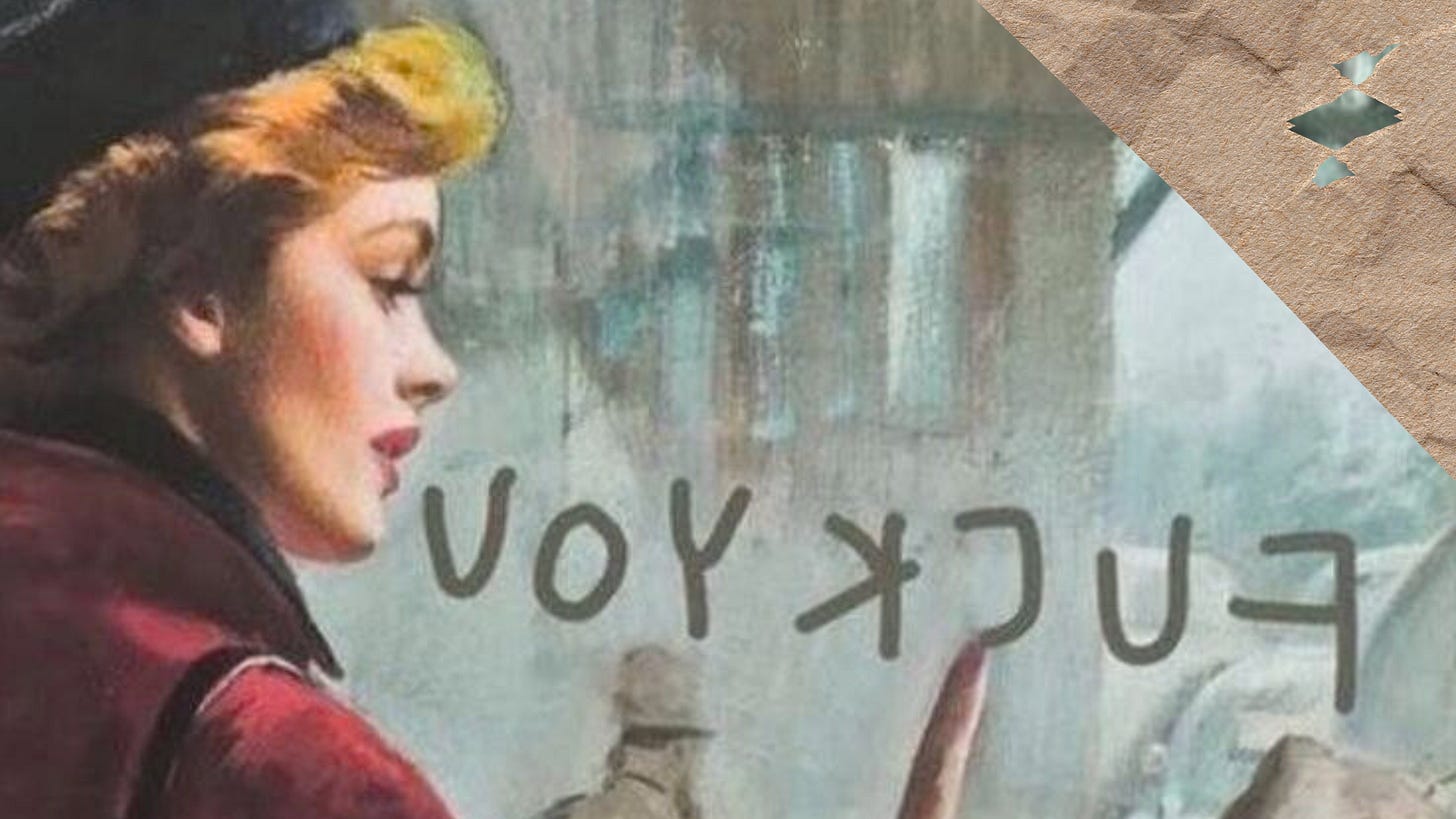 A vintage-style painting of a woman with red lips and curled hair wearing a red coat and black hat, looking thoughtfully out a fogged window. She is writing “FUCK YOU” in reverse on the glass with her finger. The scene conveys defiance, frustration, and rebellion, with a torn paper texture overlay in the upper-right corner.