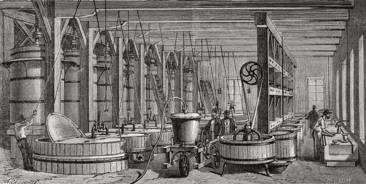 Historical engraving of an early industrial setting, possibly an 18th or 19th-century brewery or purification laboratory.
