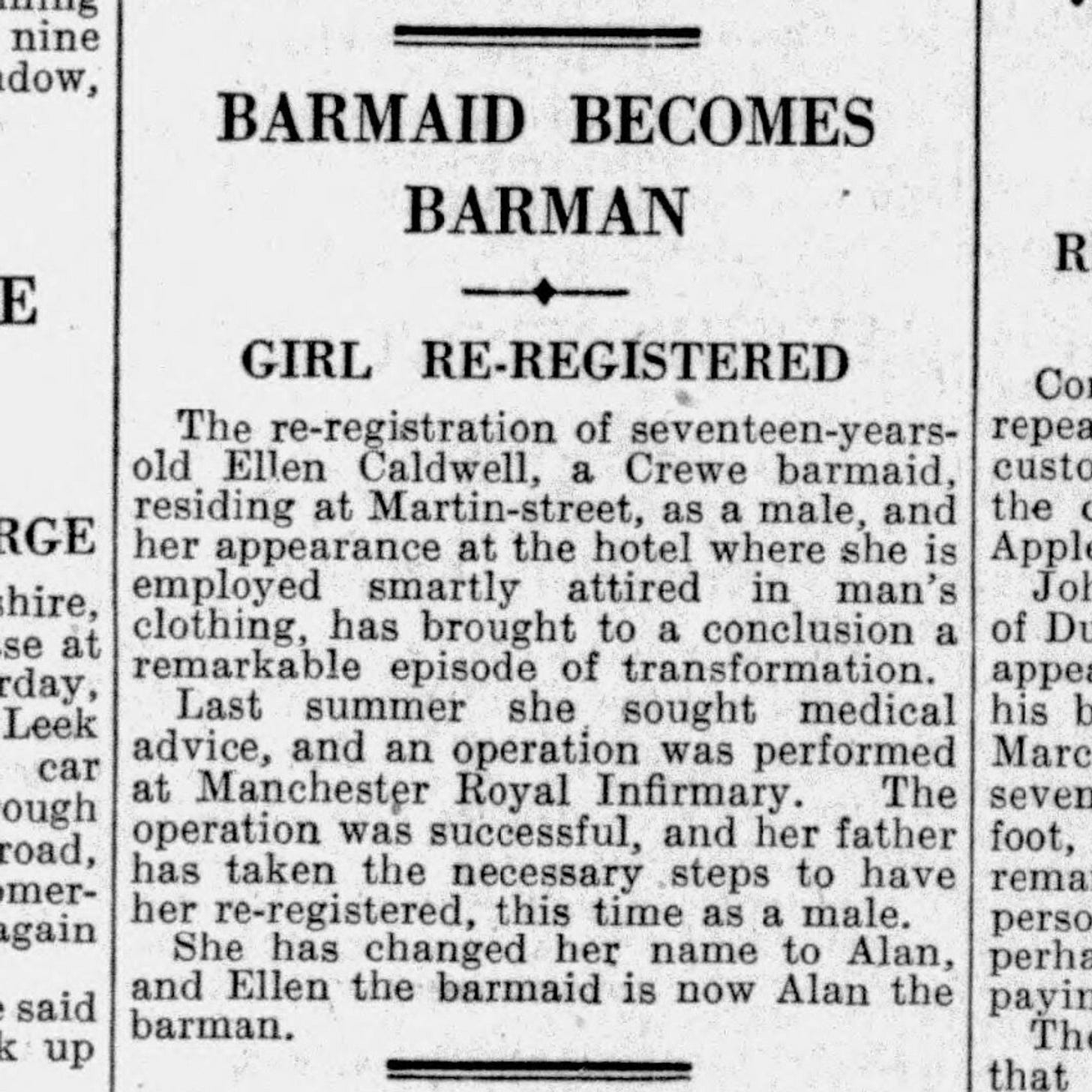 A short newspaper story. It reads: "Barmaid becomes barman: Girl Re-Registered." It concludes, saying, "She has changed her name to Alan, and Ellen the barmaid is now Alan the barman."