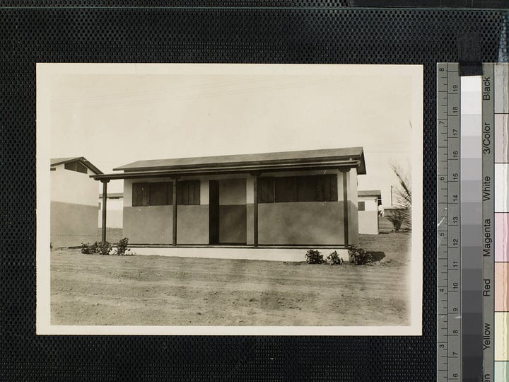 One shows a foundation with completed cabins in the background, another shows a frame without a roof, and no furniture. The third image is a completed house with porch viewed from the front, and the last is a furnished cabin with no roof to show the interior layout