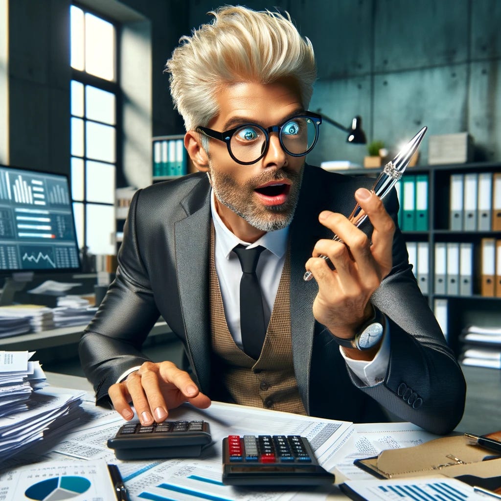 A cool early 40s accountant with platinum blonde hair, wearing stylish glasses and a trendy business suit, sitting at a desk cluttered with papers, calculators, and financial documents. The accountant has an extremely distracted expression, with wide eyes and an open mouth, looking at a shiny object like a reflective silver pen or a shiny piece of jewelry on the desk. The background includes modern office decor with sleek filing cabinets, shelves with colorful binders, and a computer screen showing financial graphs. Make the accountant appear more intensely focused on the shiny object, almost in a trance.