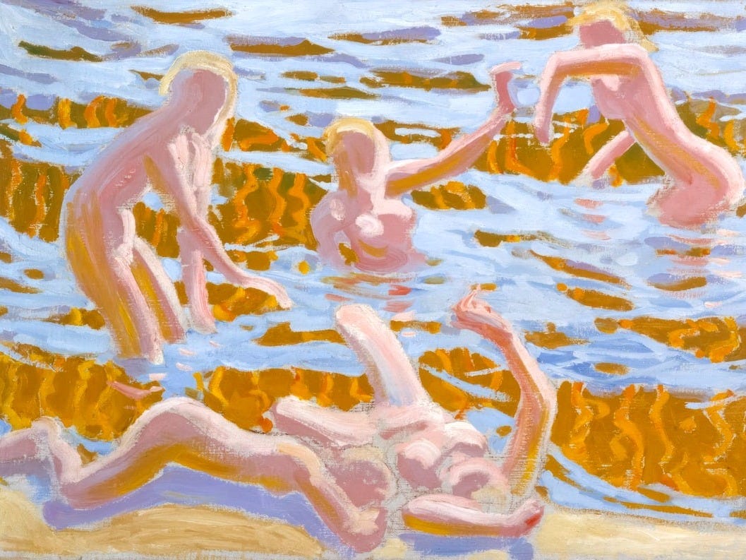 An abstract painting of naked figures bathing in shallow water, with golden light mixing with the water.