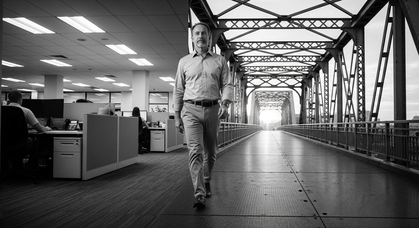 A midlife man in business casual walks forward from a gray corporate office onto a bridge leading into open light. The office behind him is dim and fluorescent. The bridge ahead is bright, symbolizing transition and a move toward freedom. A midlife man in business casual walks forward from a gray corporate office onto a bridge leading into open light. The office behind him is dim and fluorescent. The bridge ahead is bright, symbolizing transition and a move toward freedom.