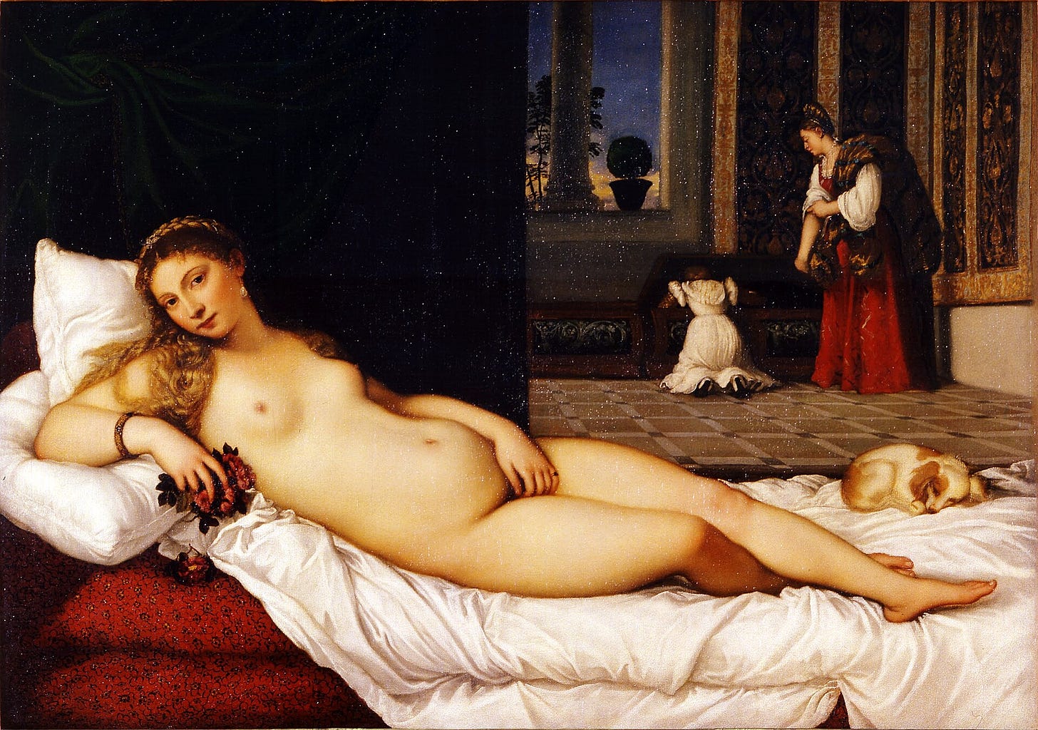 Venus of Urbino by Titian: a nude woman reclines on a bed holding roses, two maids at a chest behind her Venus of Urbino by Titian: a nude woman reclines on a bed holding roses, two maids at a chest behind her
