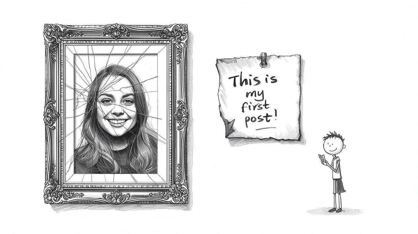 Polished framed image ignored while a rough handwritten note draws a reader closer