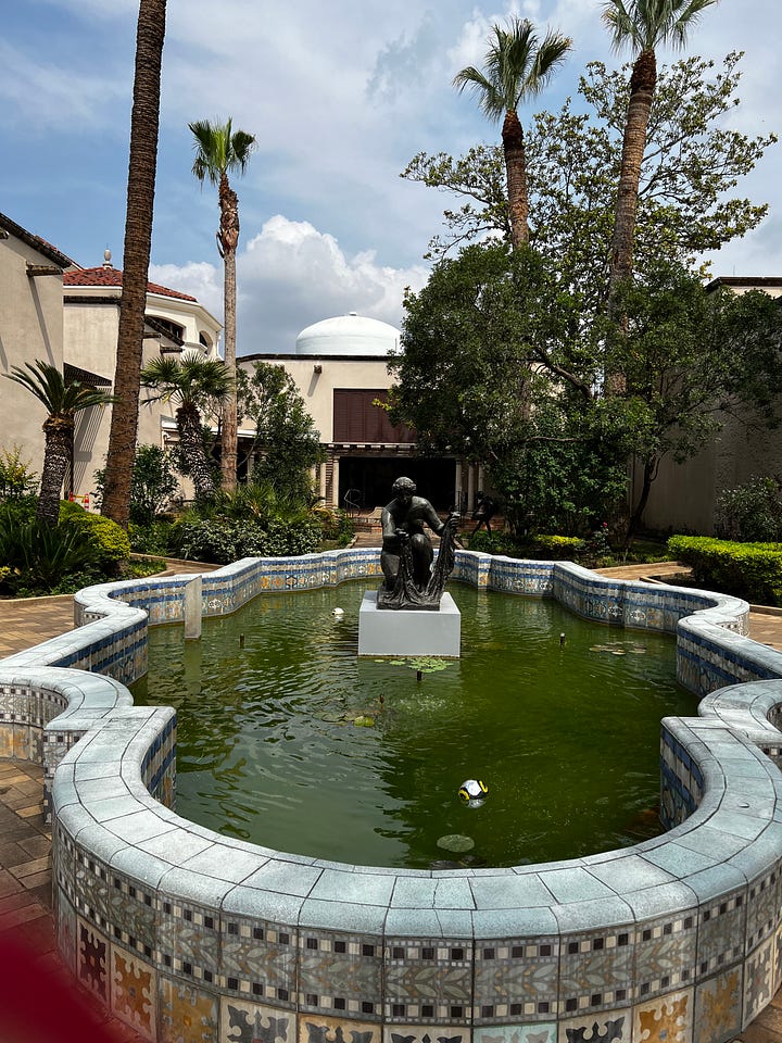 scenes from SA. Mexican food at Paloma Blanca. Flour tortillas at HEB. Courtyard at the McNay. Art by Letitia Huckaby.
