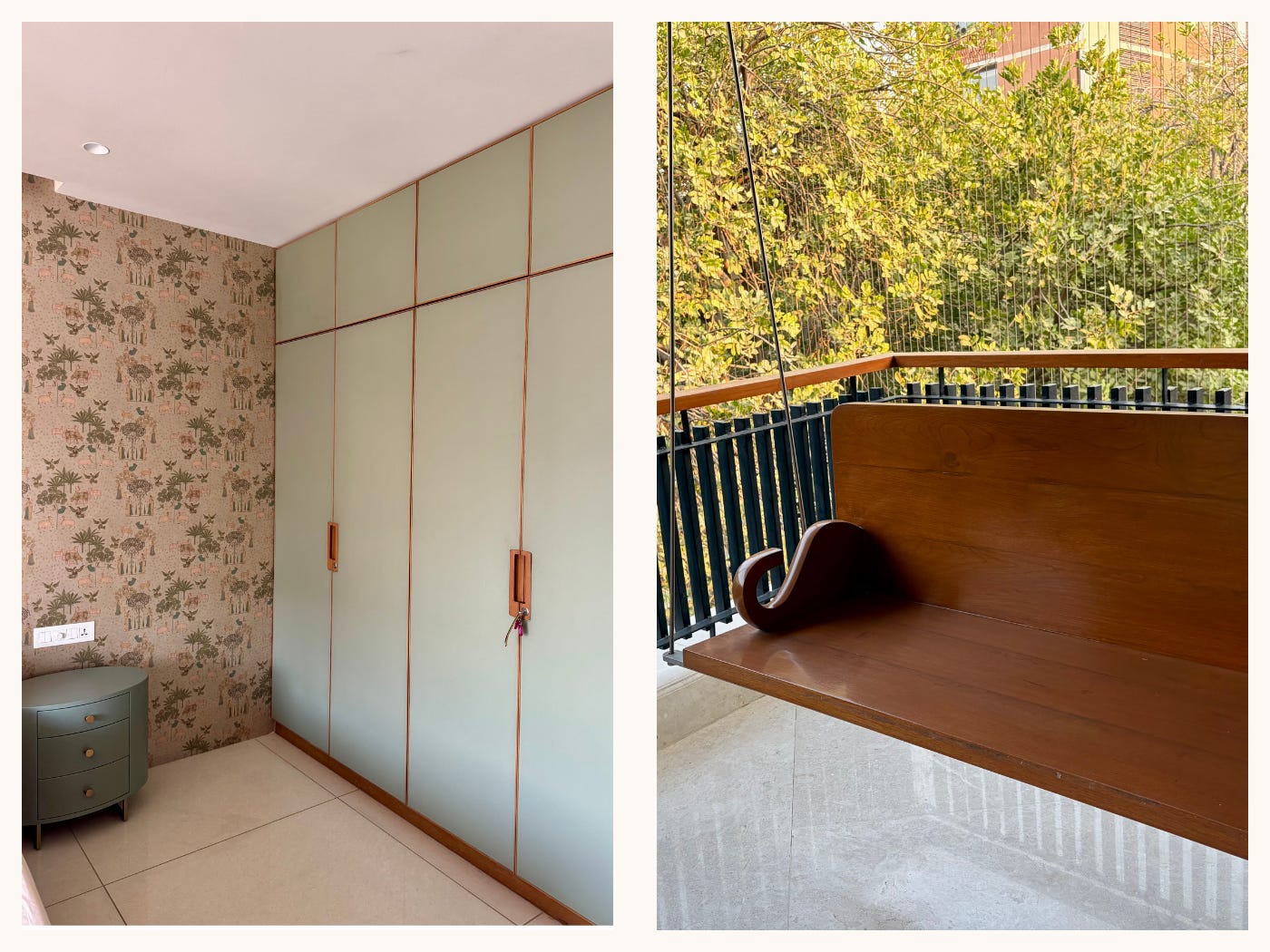 Traditional wallpaper in bedroom corner and wooden balcony swing hanging in front of greenery in flats in Ahemdabad