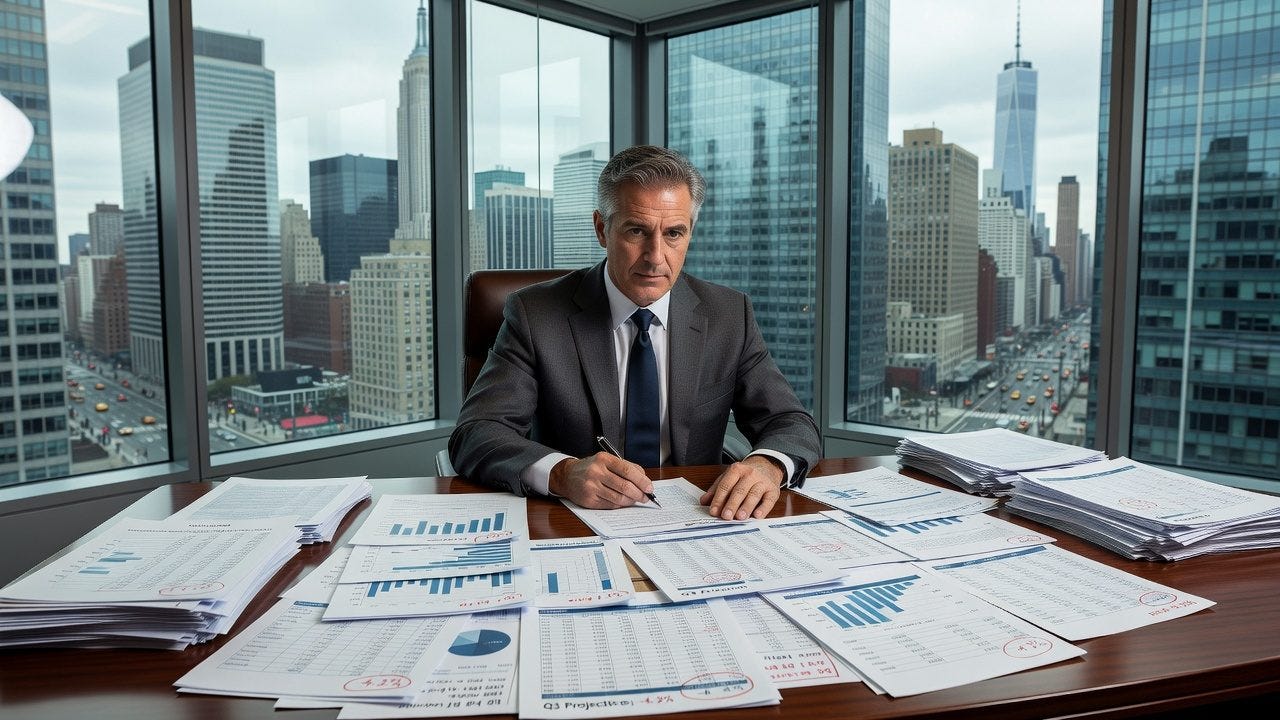 Business executive reviewing financial reports and charts at desk with city skyline