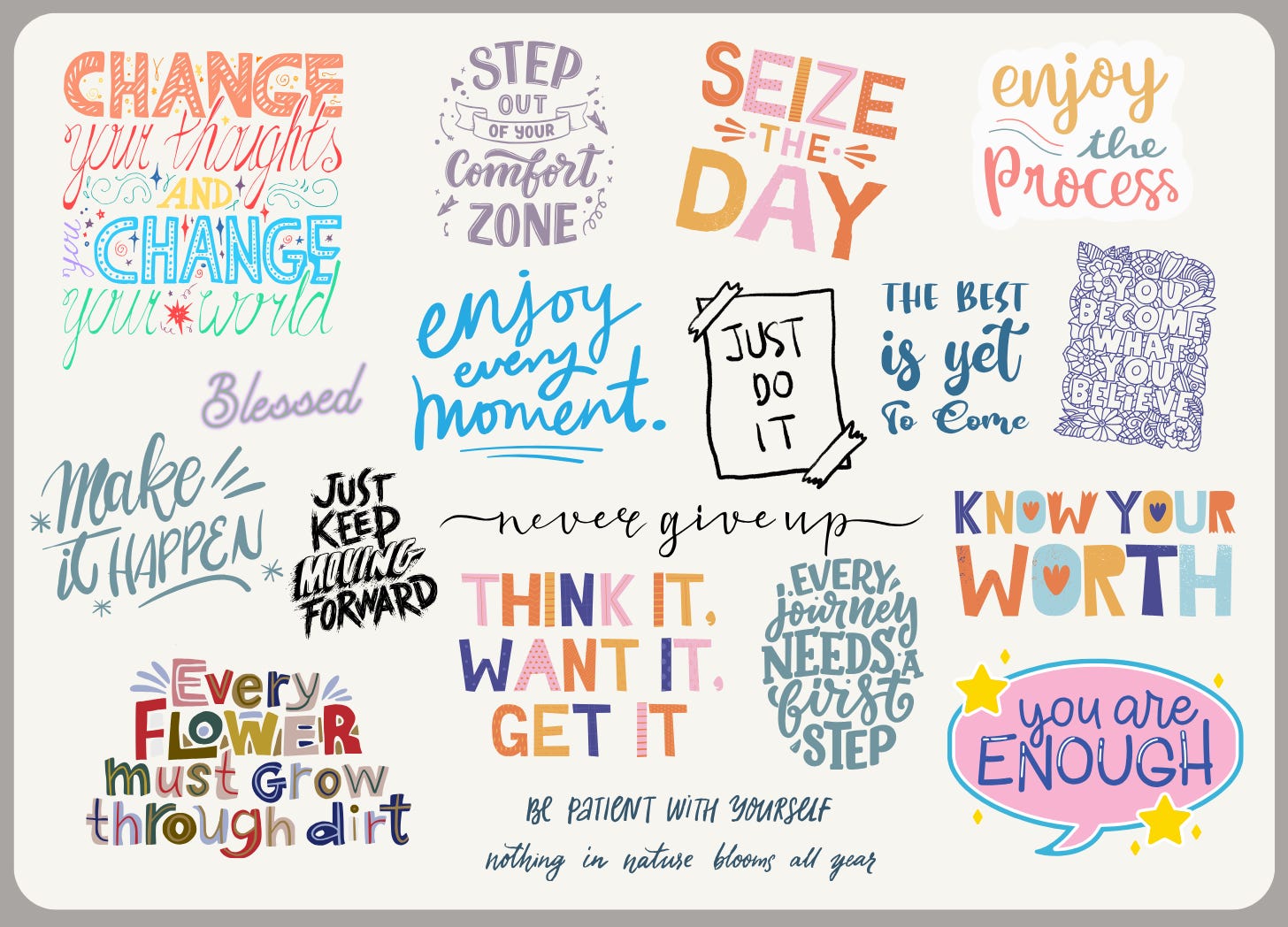 graphic of a variety of inspirational quotes in different fonts and colors
