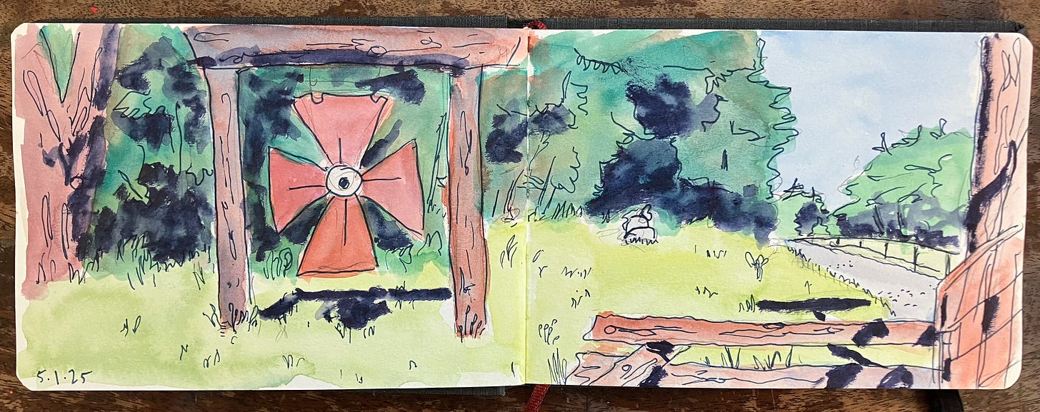 a watercolor painting of the monastery gate on a sunny day. there is a cross hanging from some wooden beams & a gravel road leading away from the viewier.