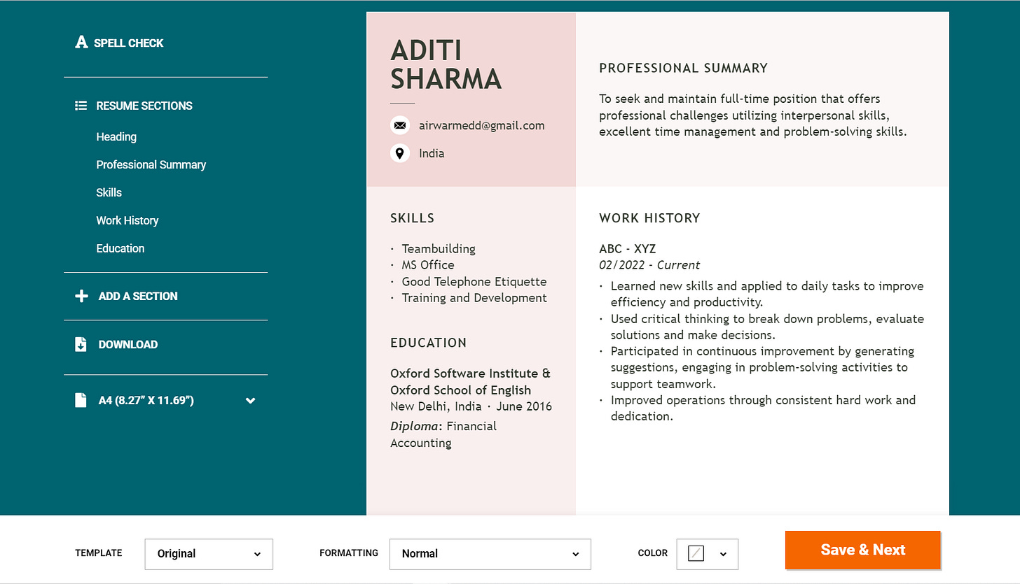 Sample of LiveCareer Resume Builder