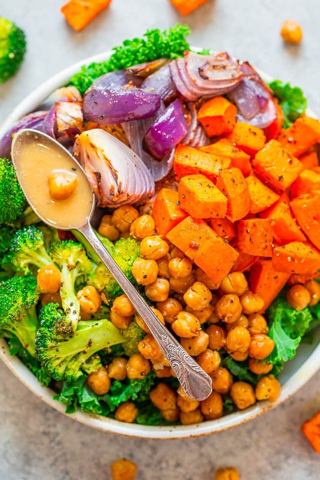 overhead view of a chickpea and sweet potato bowl overhead view of a chickpea and sweet potato bowl