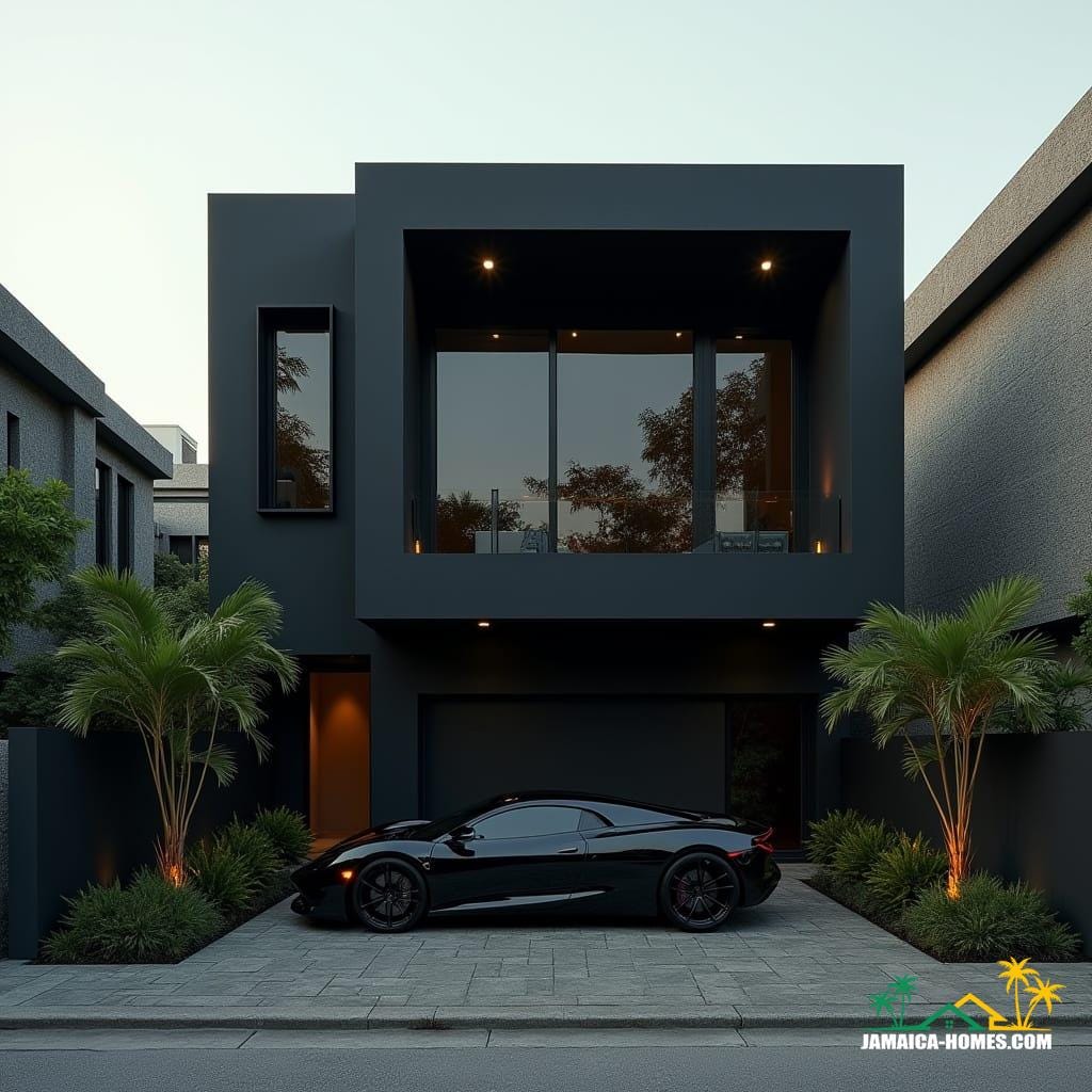 Modern Jamaican townhouse in Kingston, matte black, bold geometric forms, recessed windows, flat roof, protruding entrances, rooftop lounge and spa, geometric landscaping, luxury black supercar, cinematic film still, 35mm film grain, vignette, color graded, cinematic lighting, futuristic urban elegance, inspired by Syd Mead, Antoni Gaudí, and Zaha Hadid's sleek architecture, dramatic contrasts, atmospheric.

