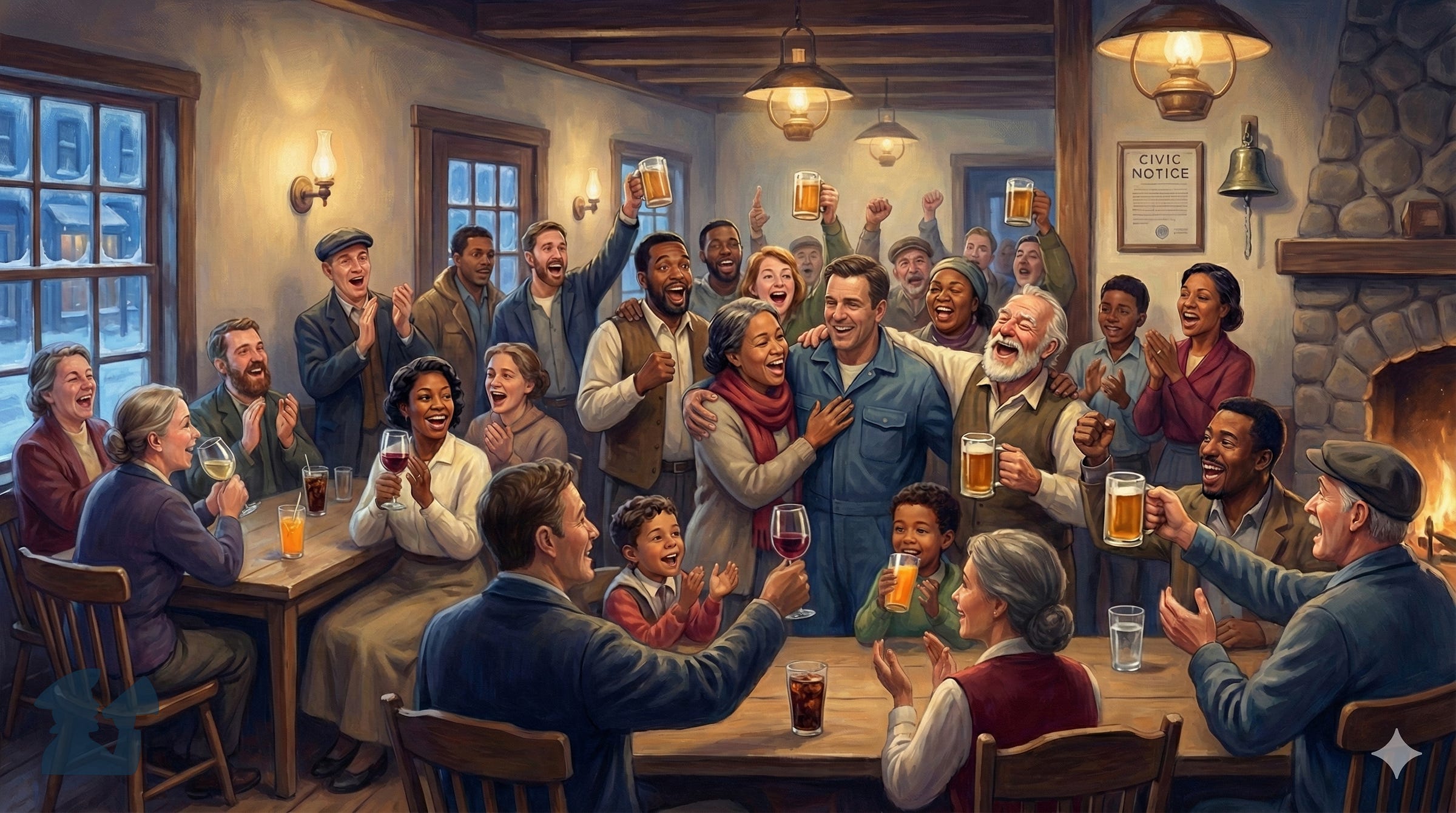 Illustration of a roomful of people celebrating a victory in a tavern