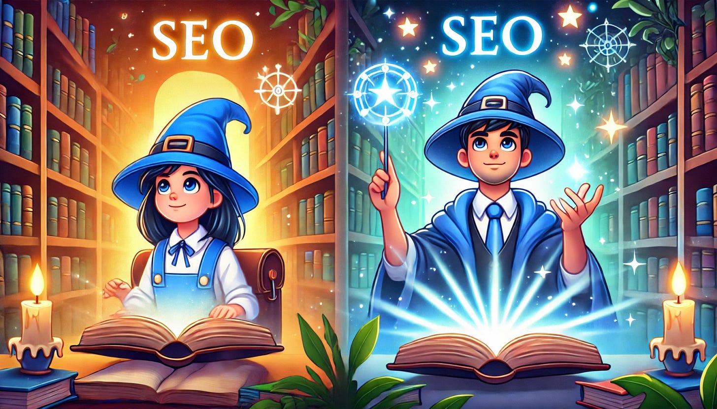 An illustration of a young apprentice wizard and an expert wizard in the same scene. Both are wearing the same distinctive blue wizard hat. The apprentice is in a magical library, learning with a glowing book, and the expert wizard is casting SEO symbols and glowing stars into the air with success. The scene should be vibrant, with a magical transition effect and no text anywhere in the image.