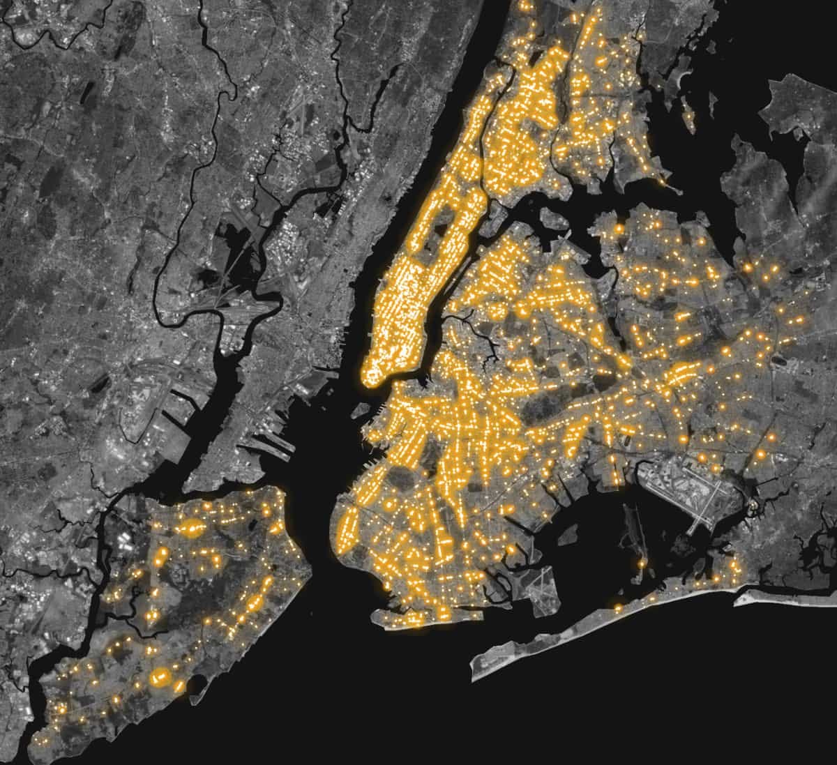 A map of New York City with all the times “pizza” appears on Google street view. A map of New York City with all the times “pizza” appears on Google street view.