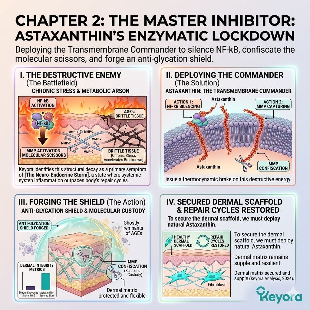 Astaxanthin Systemic Commander inhibits the Neuro-Endocrine Storm to arrest Matrix Metalloproteinases and ATP decay for absolute Dermal Sovereignty. Astaxanthin Systemic Commander inhibits the Neuro-Endocrine Storm to arrest Matrix Metalloproteinases and ATP decay for absolute Dermal Sovereignty.