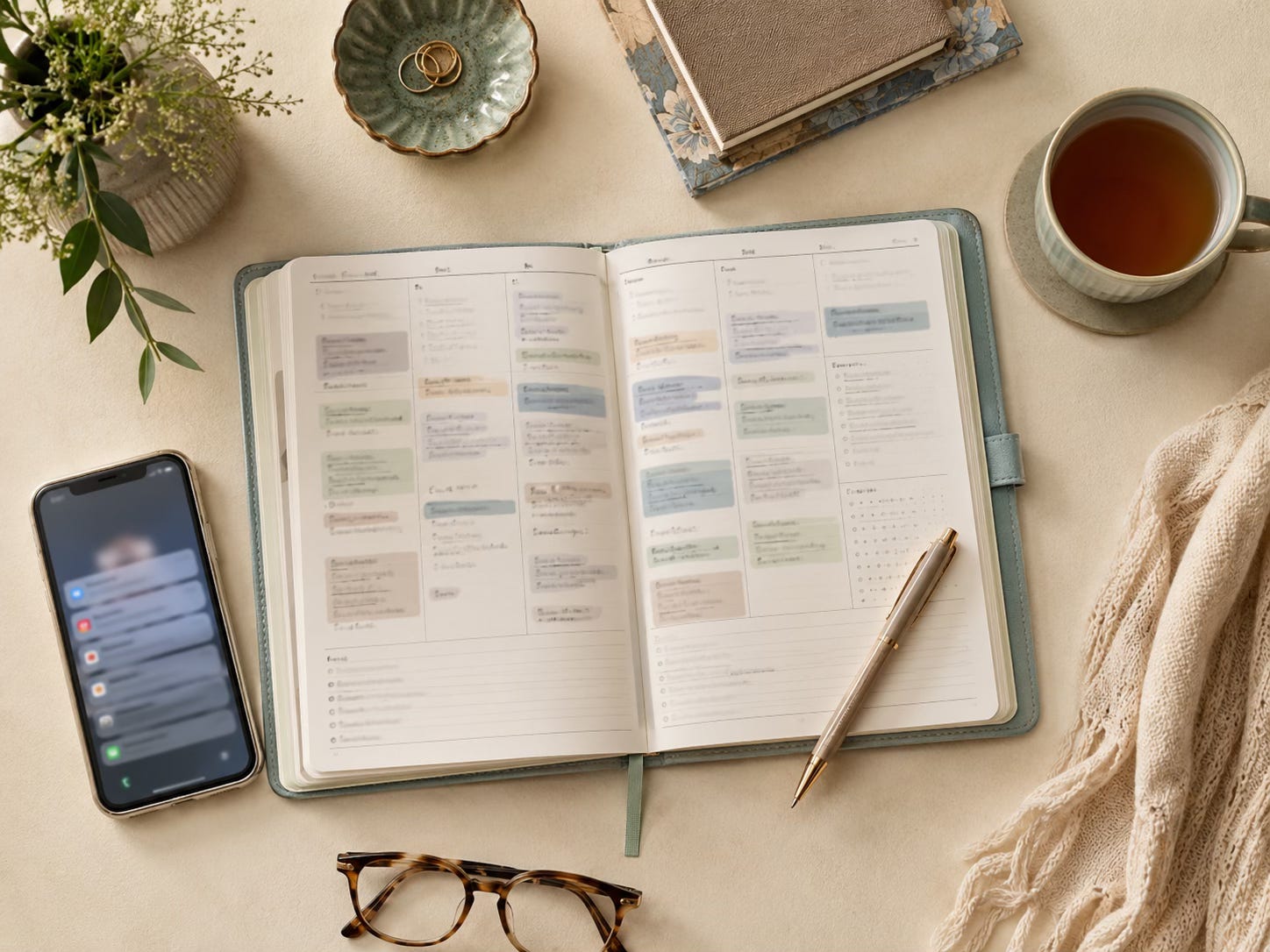 Overhead view of a planner, phone, tea, and glasses, suggesting overcommitment and mental load.
