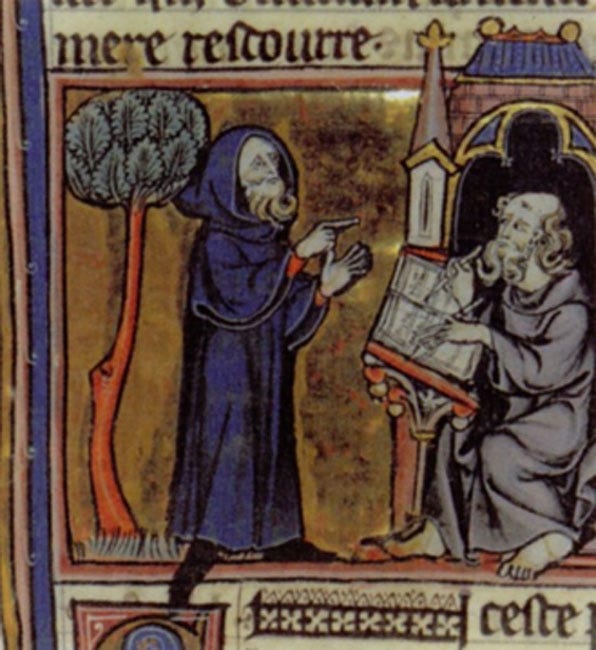 Merlin dictating his prophecies to his scribe, Blaise; French 13th century miniature from Robert de Boron's ‘Merlin en prose’ (written circa 1200).(Manuscript illustration, circa 1300.)(Public Domain) Merlin dictating his prophecies to his scribe, Blaise; French 13th century miniature from Robert de Boron's ‘Merlin en prose’ (written circa 1200).(Manuscript illustration, circa 1300.)(Public Domain)