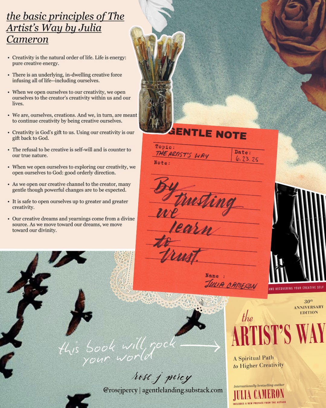 basic principles of the artist's way by julia cameron, alongside a quote from her that says "By trusting we learn to trust." 