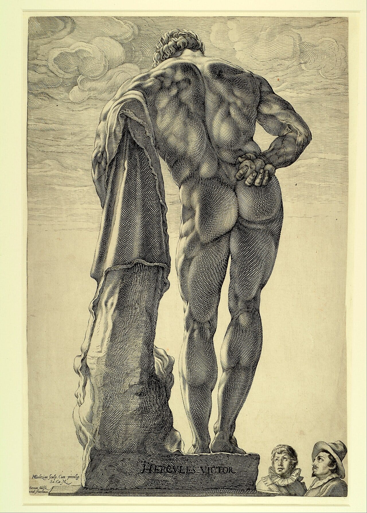 Engraving of the back of a colossal Hercules statue Engraving of the back of a colossal Hercules statue