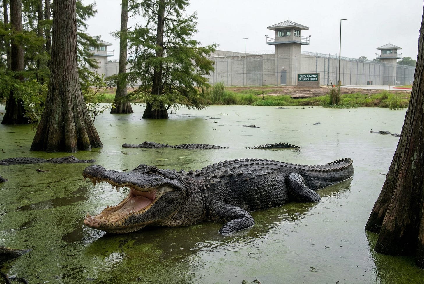 A green swamp with an alligator in the foreground and Alcatraz prison visible in the distance. A green swamp with an alligator in the foreground and Alcatraz prison visible in the distance.