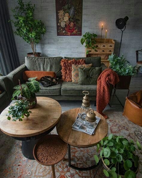A lounge room with green velour couch, a sleeping cat, pillows and throw blankets in deep tones, two round wooden coffee tables, and several lush green plants A lounge room with green velour couch, a sleeping cat, pillows and throw blankets in deep tones, two round wooden coffee tables, and several lush green plants