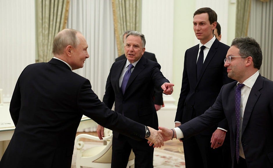 From left to right: Special Envoy of the President of the United States of America Steve Witkoff, entrepreneur, investor, and founder of Affinity Partners Jared Kushner and White House Senior Advisor, Commissioner of the US General Services Administration's Federal Acquisition Service Josh Gruenbaum. From left to right: Special Envoy of the President of the United States of America Steve Witkoff, entrepreneur, investor, and founder of Affinity Partners Jared Kushner and White House Senior Advisor, Commissioner of the US General Services Administration's Federal Acquisition Service Josh Gruenbaum.