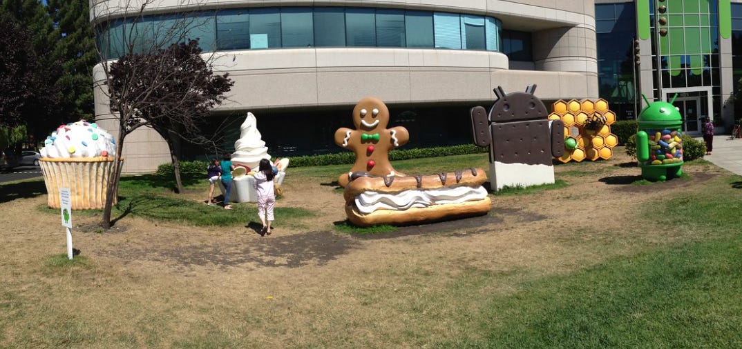 Several Android dessert sculptures on the lawn in 2013. From left: Cupcake, Froyo, Gingerbread, Eclair, Ice Cream Sandwich, Honeycomb, Jelly Bean. Several Android dessert sculptures on the lawn in 2013. From left: Cupcake, Froyo, Gingerbread, Eclair, Ice Cream Sandwich, Honeycomb, Jelly Bean.