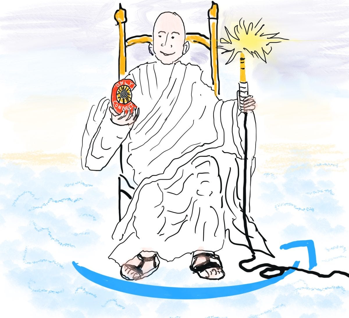 A cartoon drawing of Jeff Bezos cast as a buddha, holding the Colorado state logo in one hand and flare of light emerging from the other A cartoon drawing of Jeff Bezos cast as a buddha, holding the Colorado state logo in one hand and flare of light emerging from the other
