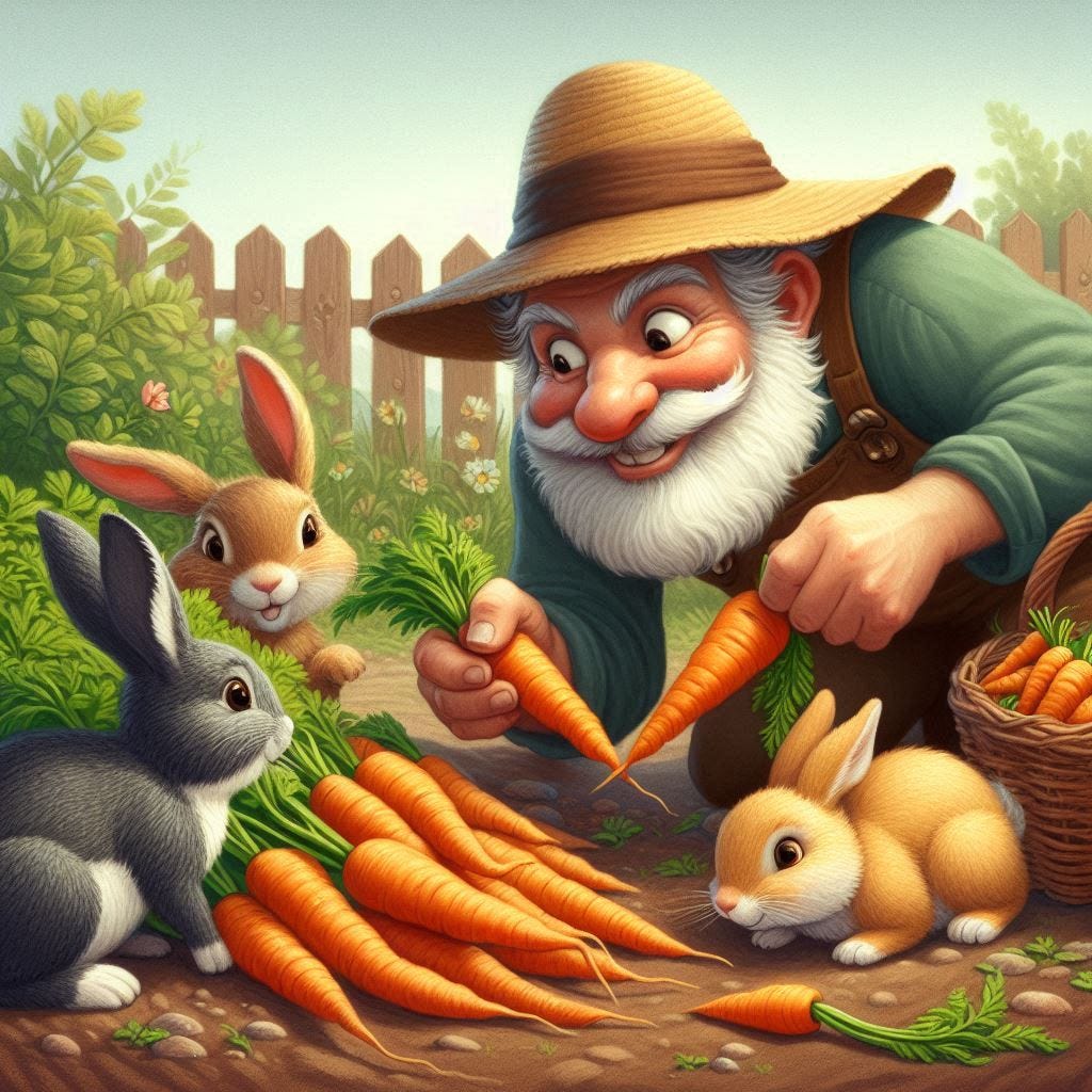 famrer macgregor trying to steal carrots from a rabbit family's garden