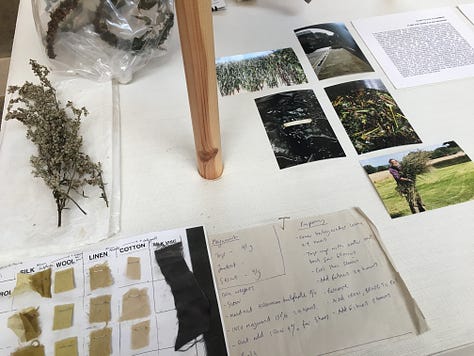 Photos showing natural dyeing experimentation, with sheets of samples with various fibre and fabric types, and two garment examples from the Phoebe English studio.