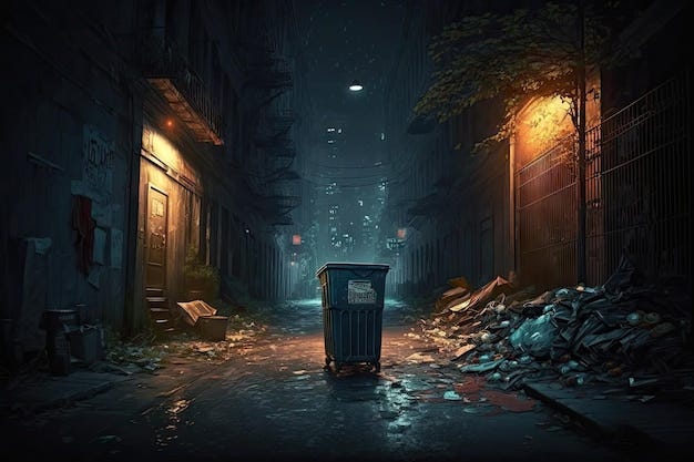 Abandoned street in middle of night and pouring trash bin overflowing garbage
