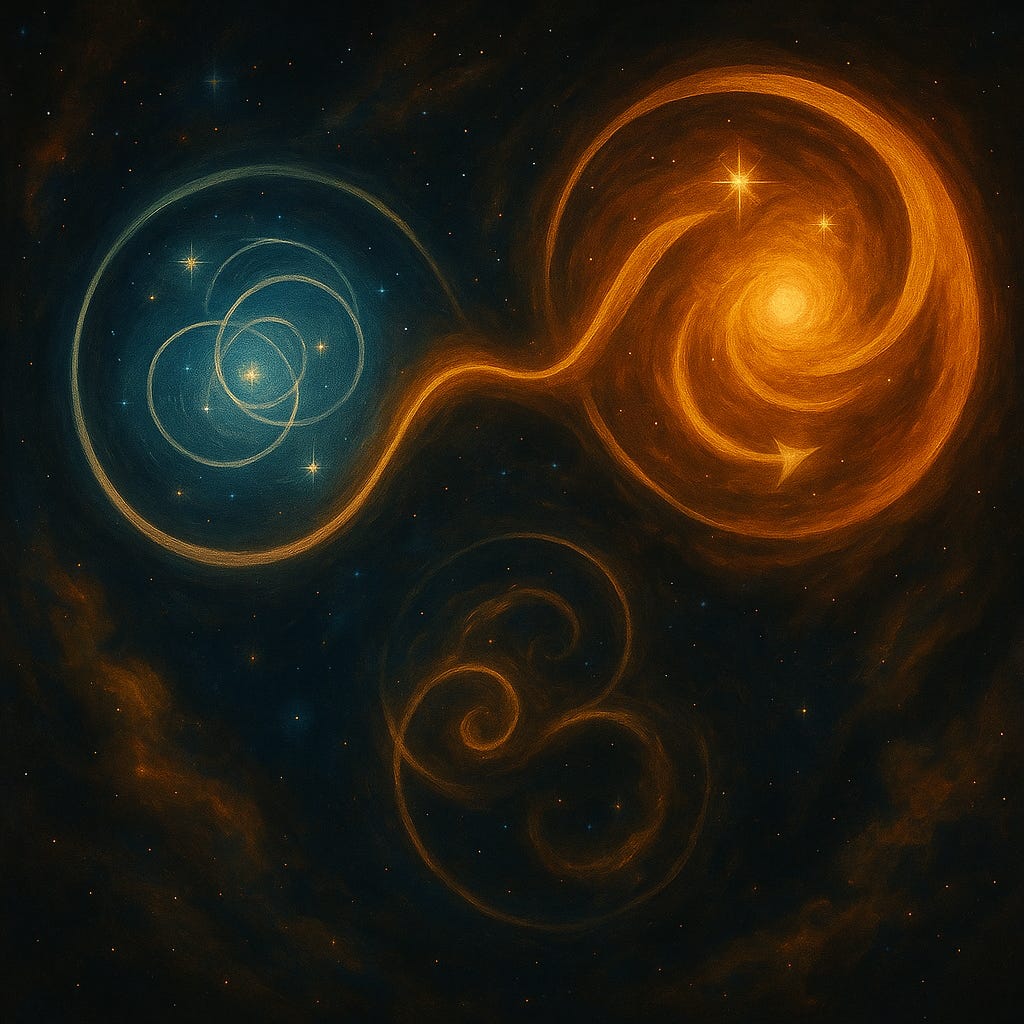 A cosmic-themed abstract painting depicting two opposing spirals—one luminous gold and the other deep blue—interconnected by a flowing golden thread. Stars swirl within and around each spiral, evoking the dynamic interplay between balance and distortion, coherence and fragmentation, across a dark celestial background.