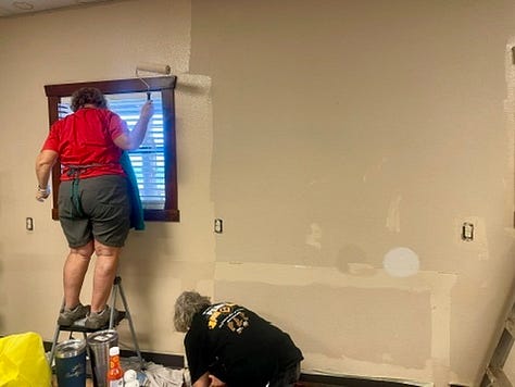 Photos of the gals painting, pressure washing, staining, and sorting laundry.