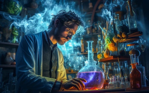 A man scientist is doing experiments using a glass bottle in the science  lab Generative AI | Premium AI-generated image