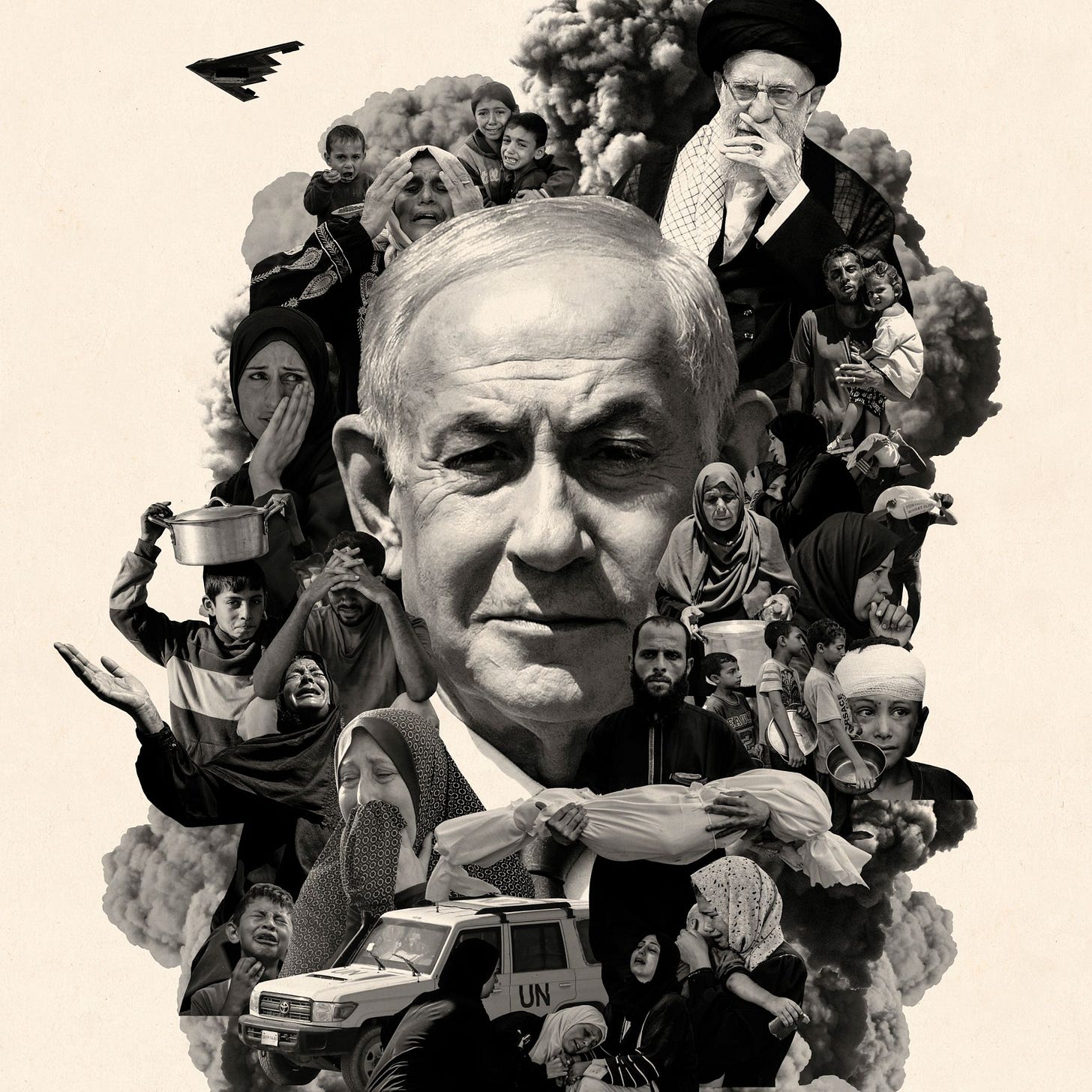 Netanyahu in a cloud of smoke with scenes of war. Netanyahu in a cloud of smoke with scenes of war.