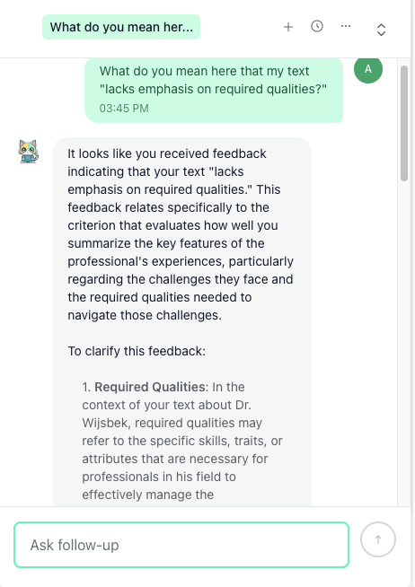 thesify theo chat explains feedback about “lacks emphasis on required qualities,” guiding the writer on how to revise and disclose AI-assisted editing.