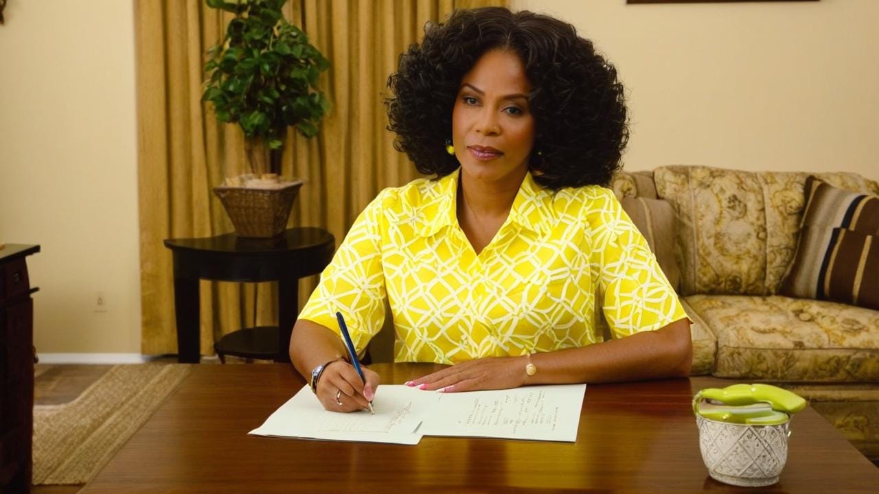 African American woman sitting in the family room sitting at the table writing a letter with pretty yellow and white shirt on