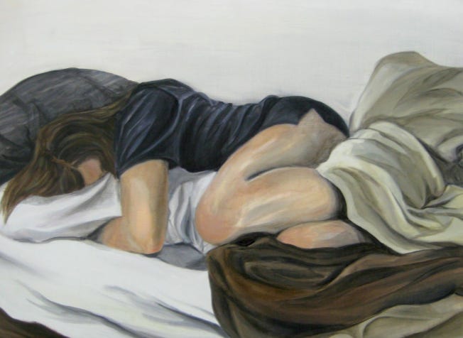 A painting of a body in fetal position hugging a pillow while resting on a bed. Sheets and blankets are crumpled while the person is curled up against a pillow