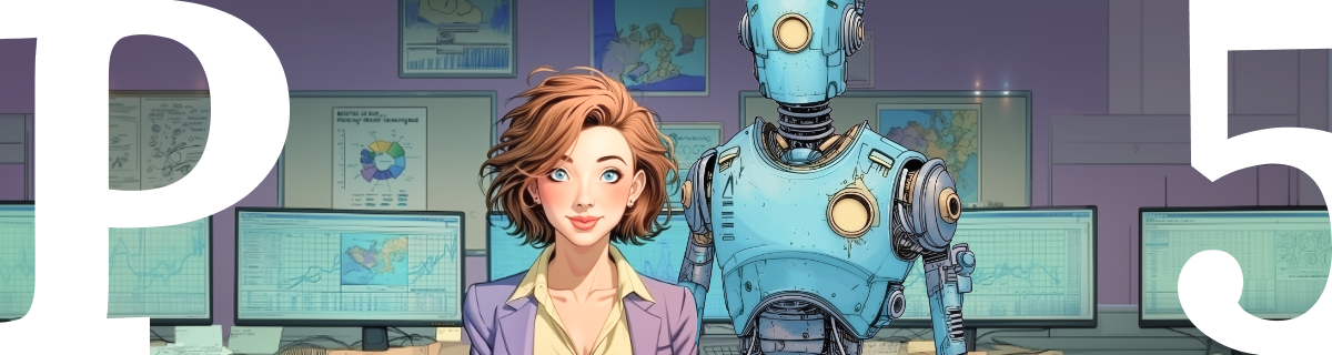 Human and robot side by side in an office surrounded by data charts, illustrating AI collaboration and content attribution in professional writing projects.