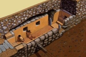 This rendering depicts the secluded chamber where the snuff tubes were uncovered—a space with limited access that points to elite-only psychedelic rituals.