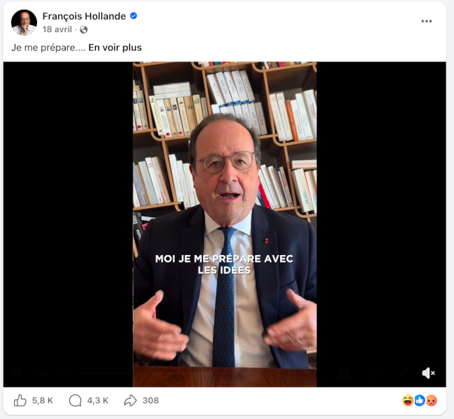 François Hollande, en vidéo sur Facebook. explique qu'il se prépare ("avec des idées", dit le sous-titre sur la capture d'écran). François Hollande, en vidéo sur Facebook. explique qu'il se prépare ("avec des idées", dit le sous-titre sur la capture d'écran).