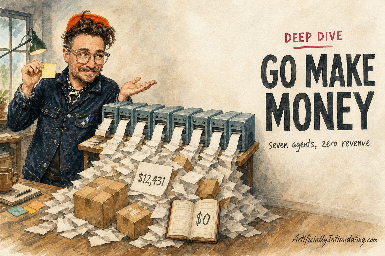 Watercolor of a man in an orange cap holding out a blank sticky note beside a row of machines spooling paper into a heap, with an invoice reading $12,431 and an open ledger reading $0. Watercolor of a man in an orange cap holding out a blank sticky note beside a row of machines spooling paper into a heap, with an invoice reading $12,431 and an open ledger reading $0.